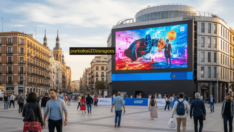 Vista panorámica hiperrealista de una moderna plaza urbana en Zaragoza con una gran pantalla LED de alta tecnología mostrando contenido dinámico, rodeada de edificios históricos y personas.