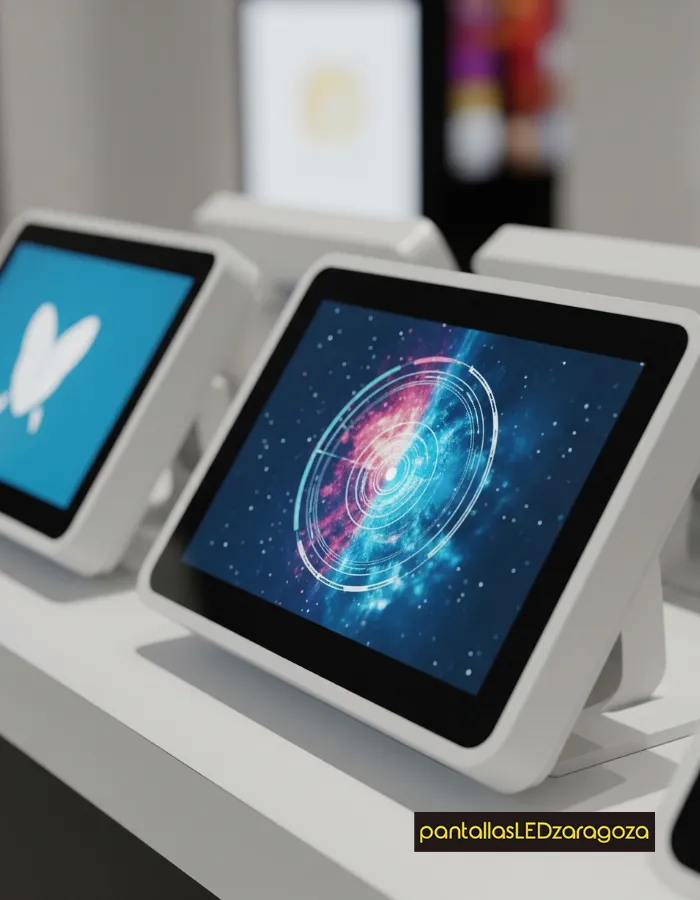 Mini pantallas LED compactas en un mostrador, mostrando gráficos vibrantes con o sin texto, ideales para información en eventos y ferias.