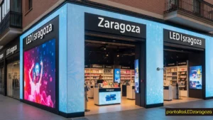 Pantalla LED en escaparate de negocio moderno en Zaragoza