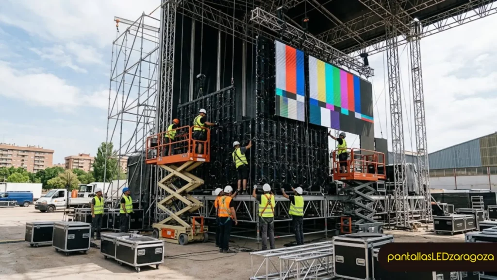 Montaje de una pantalla LED gigante adquirida en propiedad para un evento itinerante en Aragón.